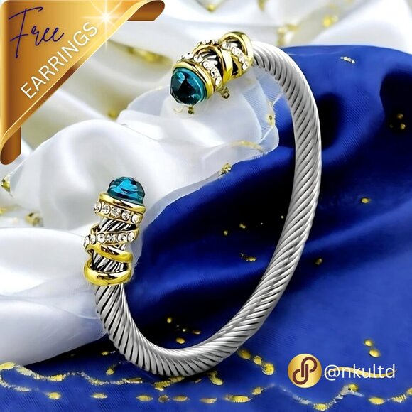 🆕️18k Gold Plated Cable Cuff Bracelet 💎 Turquoise Crystals ✨➕️ FREE Earrings - Picture 1 of 16